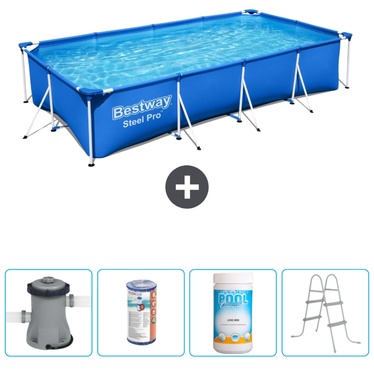 Rechthoekig blauw zwembad met accessoires: pomp, filter, chemicaliën en ladder.