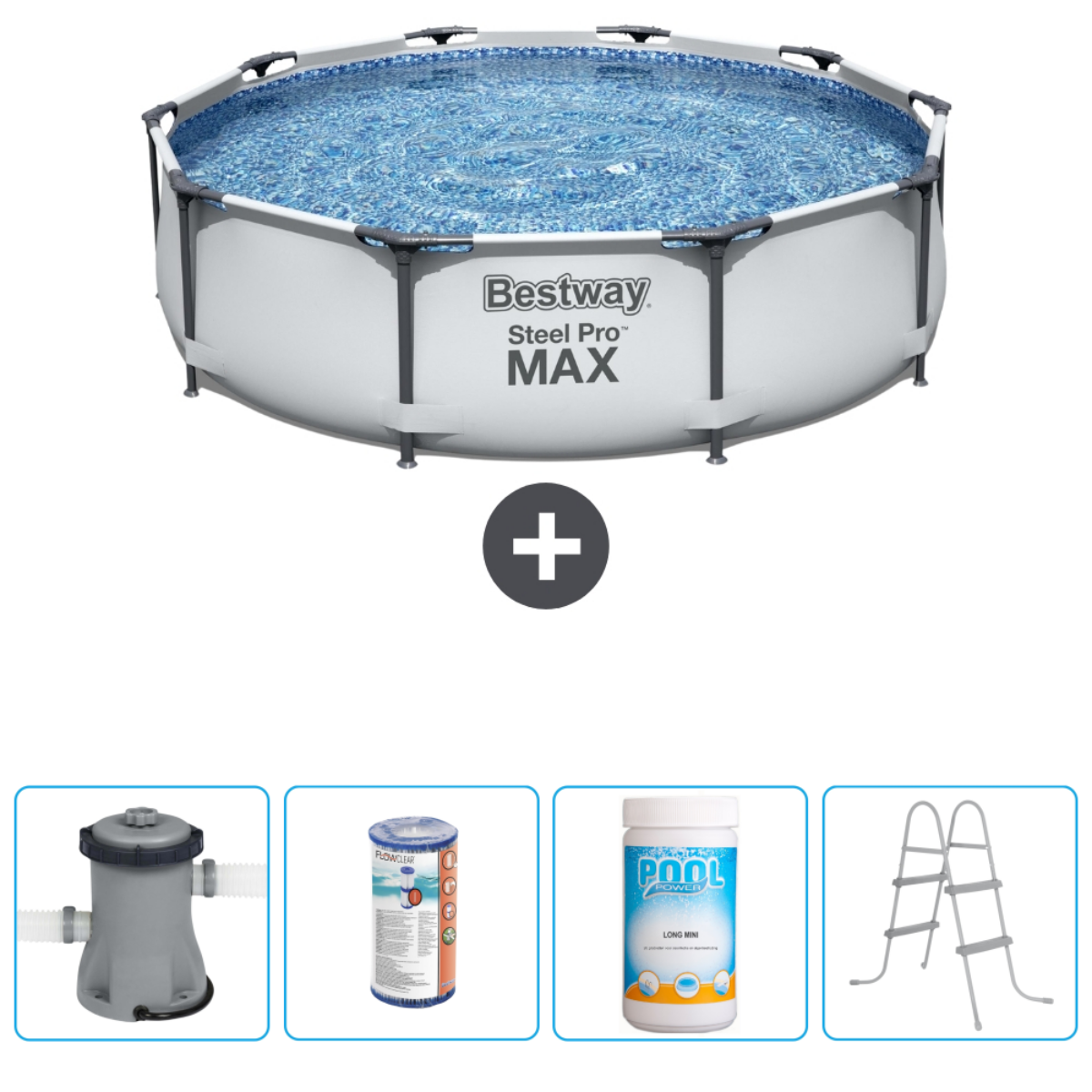 Opzetzwembad met accessoires. Inclusief pomp, filter, chemicaliën en ladder.