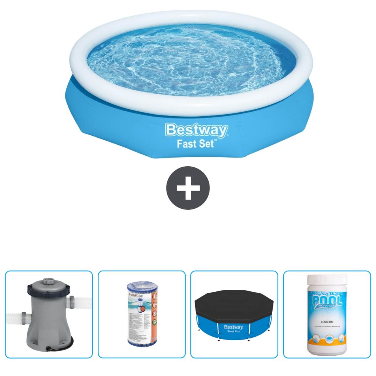 Blauw zwembad met water, pomp, filter, afdekking en chemicaliën.