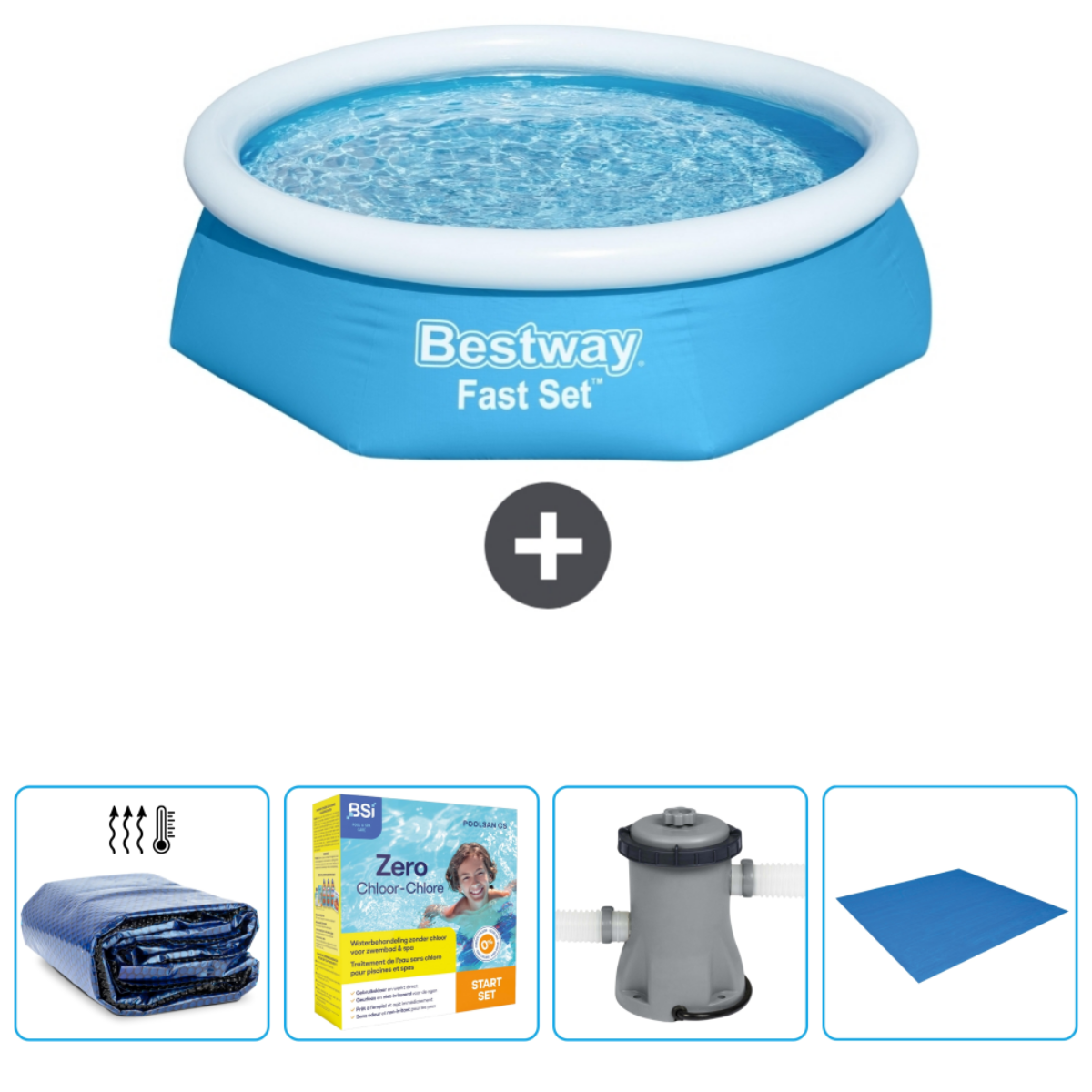 Une piscine bleue avec accessoires incluant une bâche, du chlore, une pompe et un tapis.