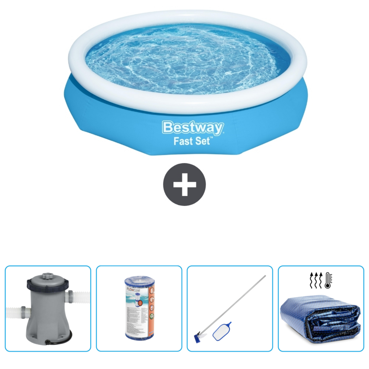 Piscine bleue Bestway Fast Set avec accessoires. Comprend filtre, bâche et outils de nettoyage.