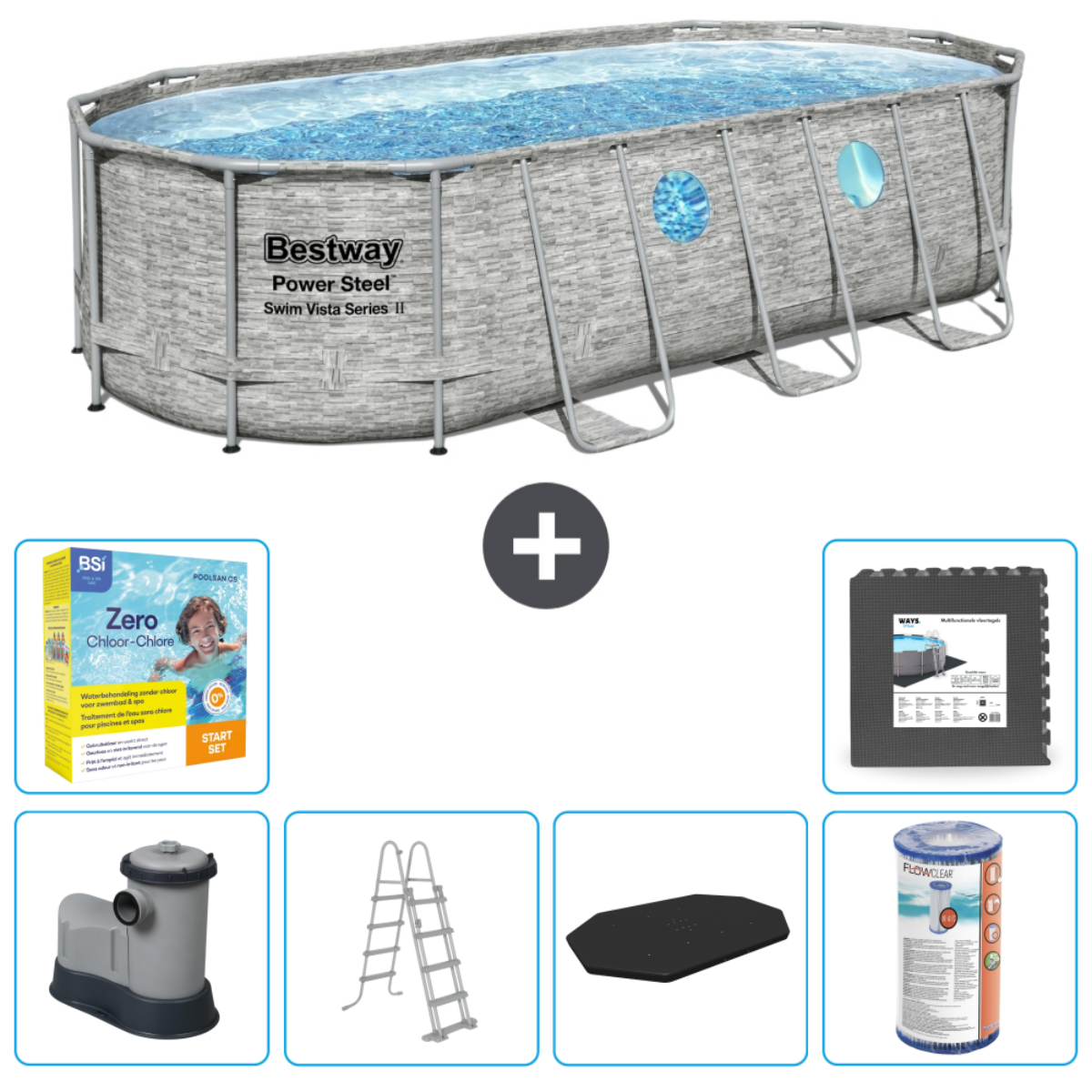 Piscine ovale avec motif pierre. Comprend du chlore, un filtre, une échelle, une couverture, une bâche de sol, etc.