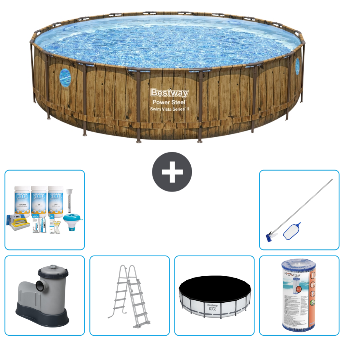 Rond zwembad met accessoires: chemicaliën, pomp, ladder, afdekzeil en net. 'Bestway Power Steel'.