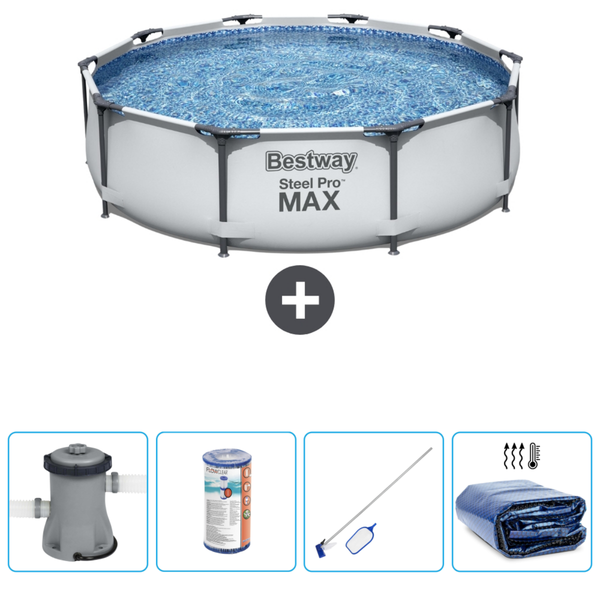 Piscine blanche et grise avec accessoires: filtre, chlore, couverture, skimmer.