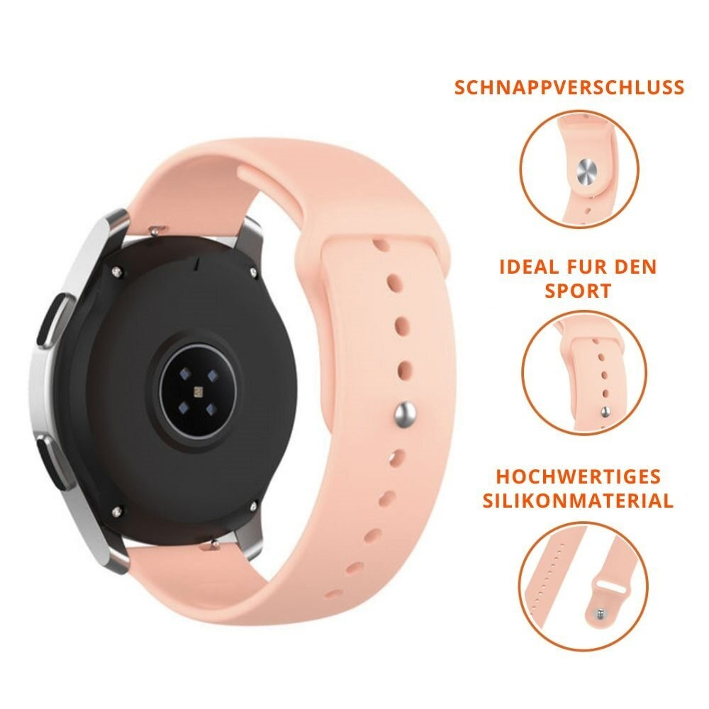Eine Smartwatch mit pinkfarbenem Armband. Diagramm zeigt Verschluss, Sport und Silikon.