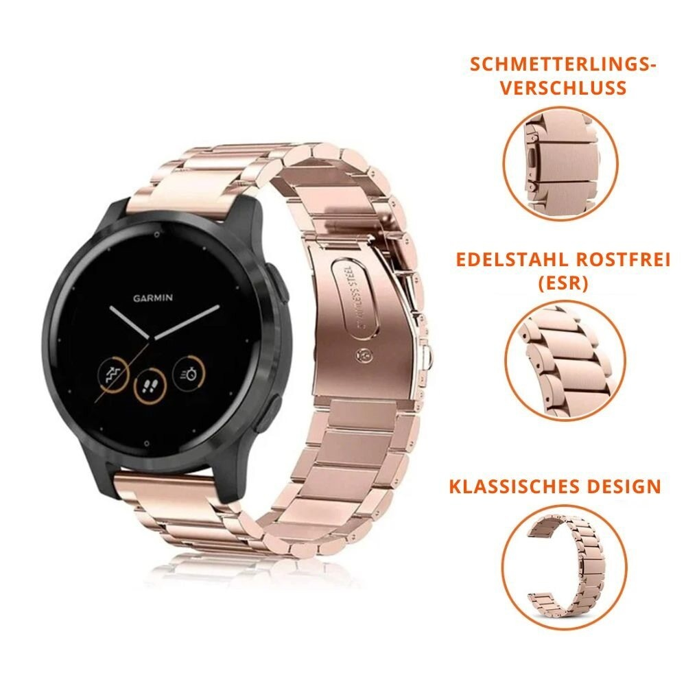 Roségoldenes Uhrenarmband mit Garmin-Uhr. Nahaufnahmen von Verschluss & Design.