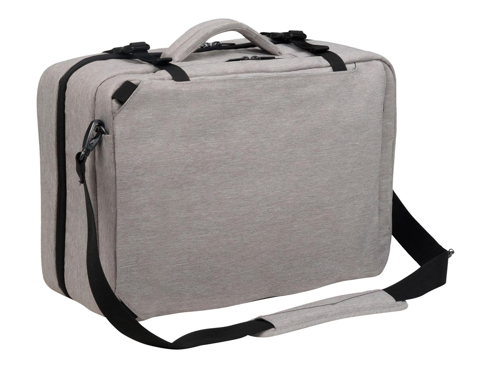Sac de voyage gris avec plusieurs compartiments, poignée et bandoulière, sangles noires.