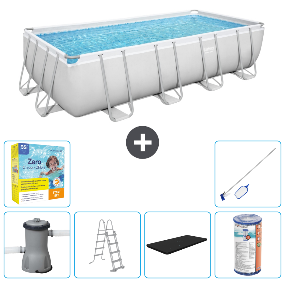 Une piscine rectangulaire hors sol avec accessoires. La piscine est remplie d'eau et a un cadre blanc.