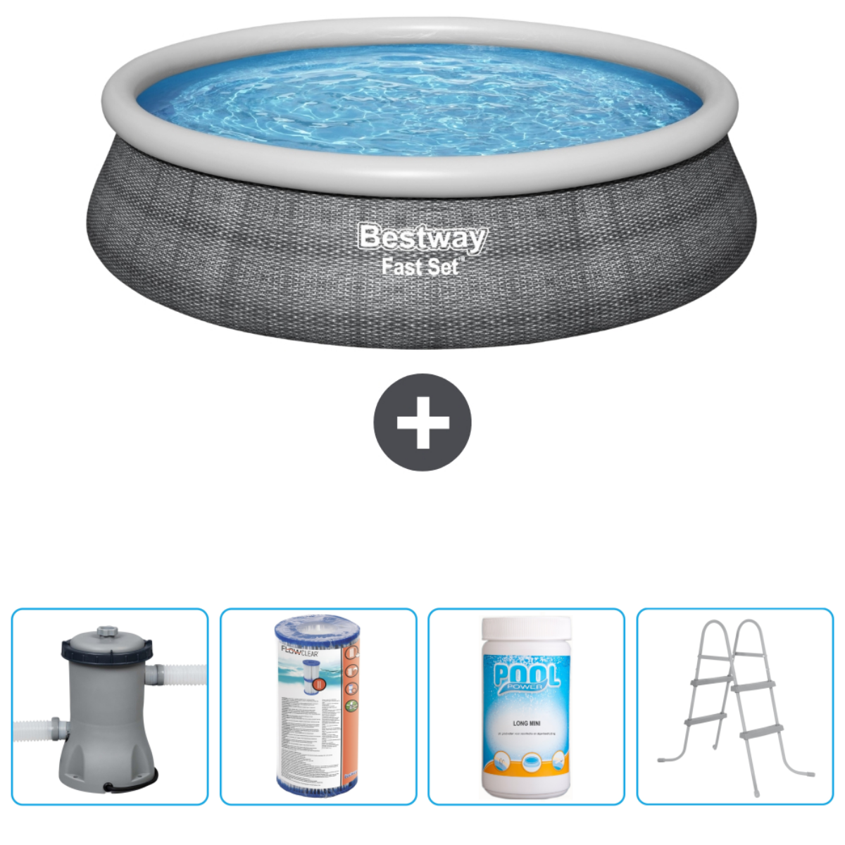 Opzetzwembad met accessoires. Inclusief pomp, filter, chemicaliën en ladder.