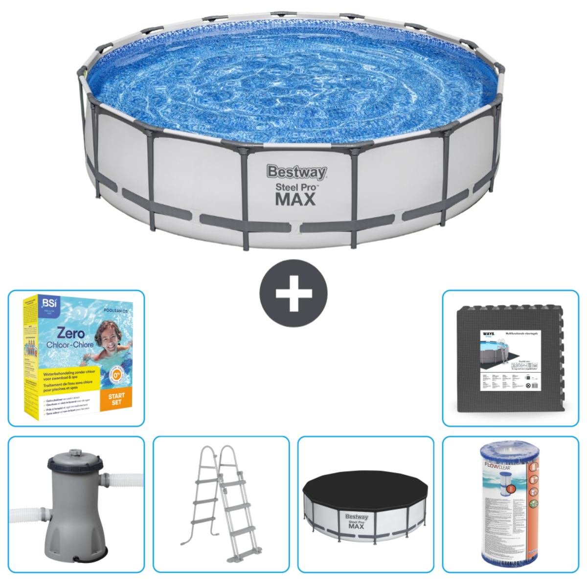 Rond zwembad met water en accessoires: chemicaliën, pomp, ladder, afdekking, filter.