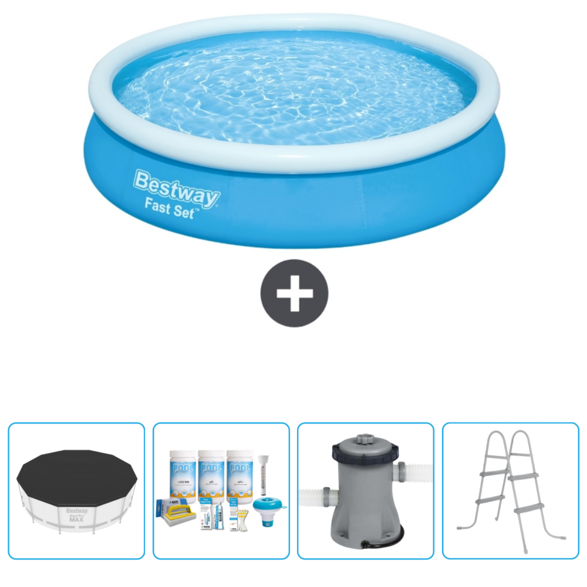 Blauw opblaasbaar zwembad met accessoires: pomp, filter, afdekzeil, chemicaliën en ladder.