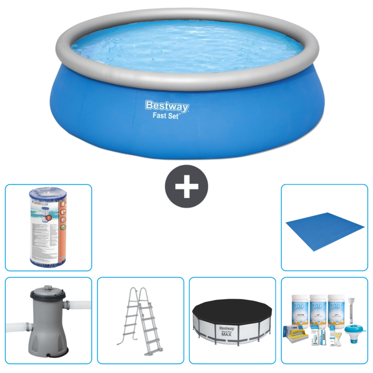 Piscine gonflable bleue avec accessoires. Comprend une pompe, filtre, une échelle et des produits chimiques.