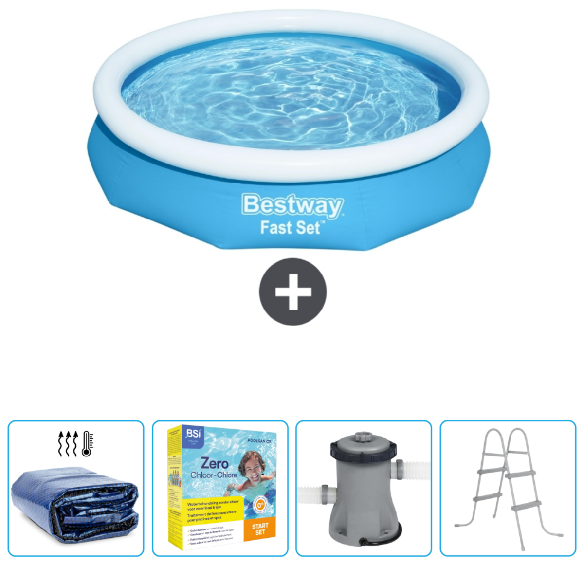 Blauw Bestway Fast Set zwembad met accessoires: afdekzeil, filter, chemie en cover.