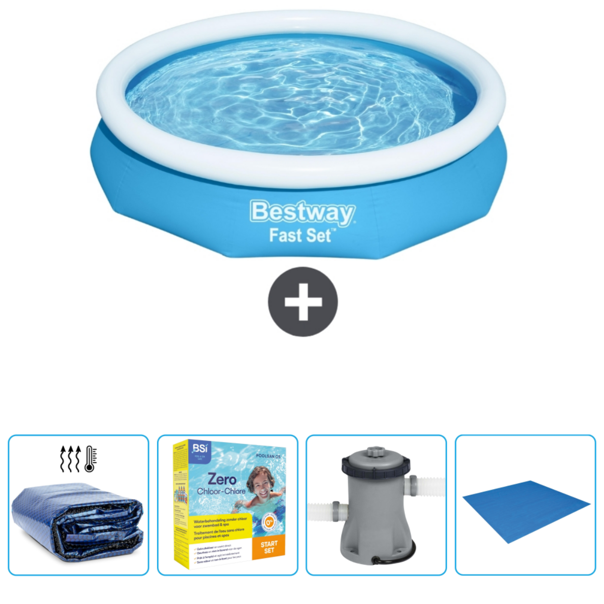 Piscine bleue avec eau, produits chimiques, pompe, couverture et tapis.