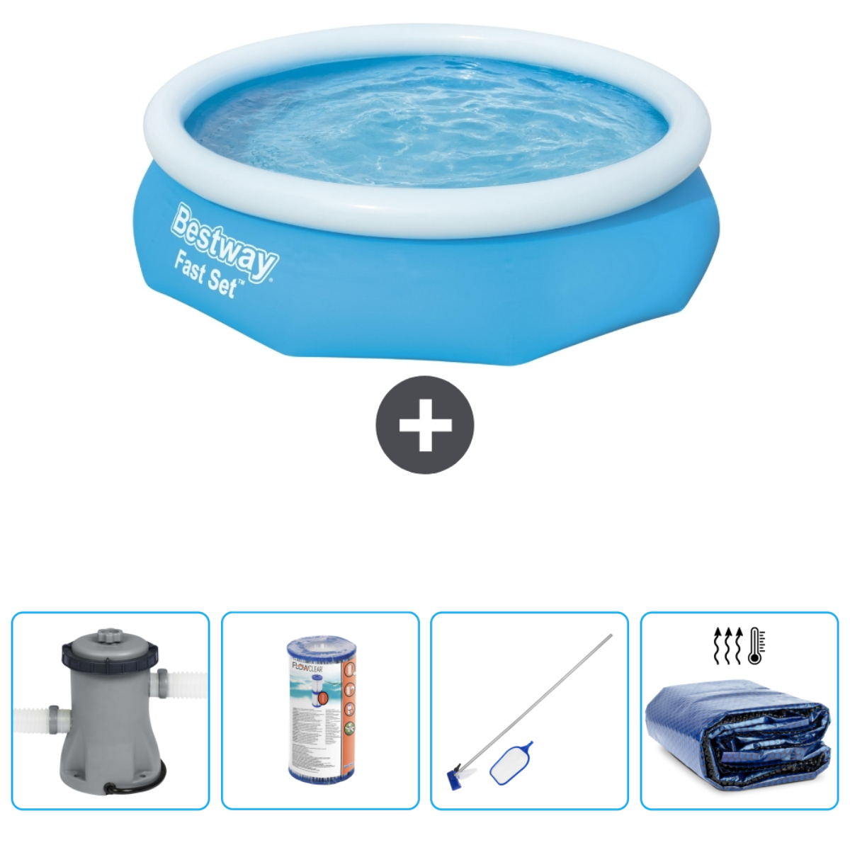 Piscine hors sol gonflable bleue avec accessoires: pompe, filtre, nettoyeur et bandelettes de test.