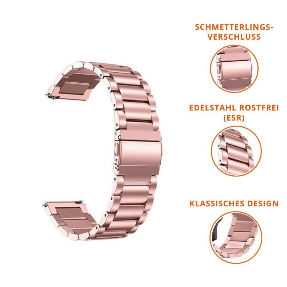Roségold-Uhrenarmband. Das Uhrenarmband hat den Text 'SCHMETTERLINGSVERSCHLUSS' drauf.