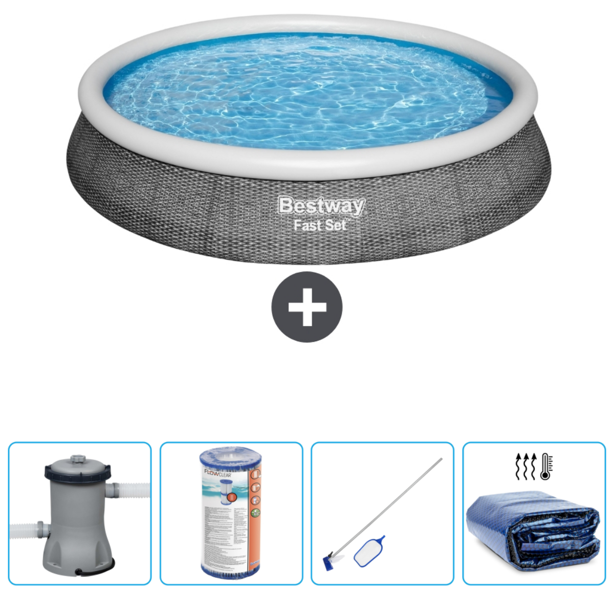 Blauw zwembad met pomp, chemicaliën, reiniger en afdekzeil.