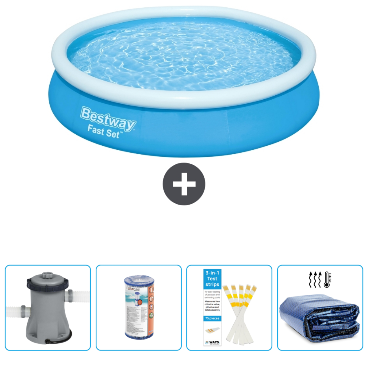 Blauw Bestway Fast Set zwembad met accessoires. Inclusief filter, teststrips en afdekzeil.