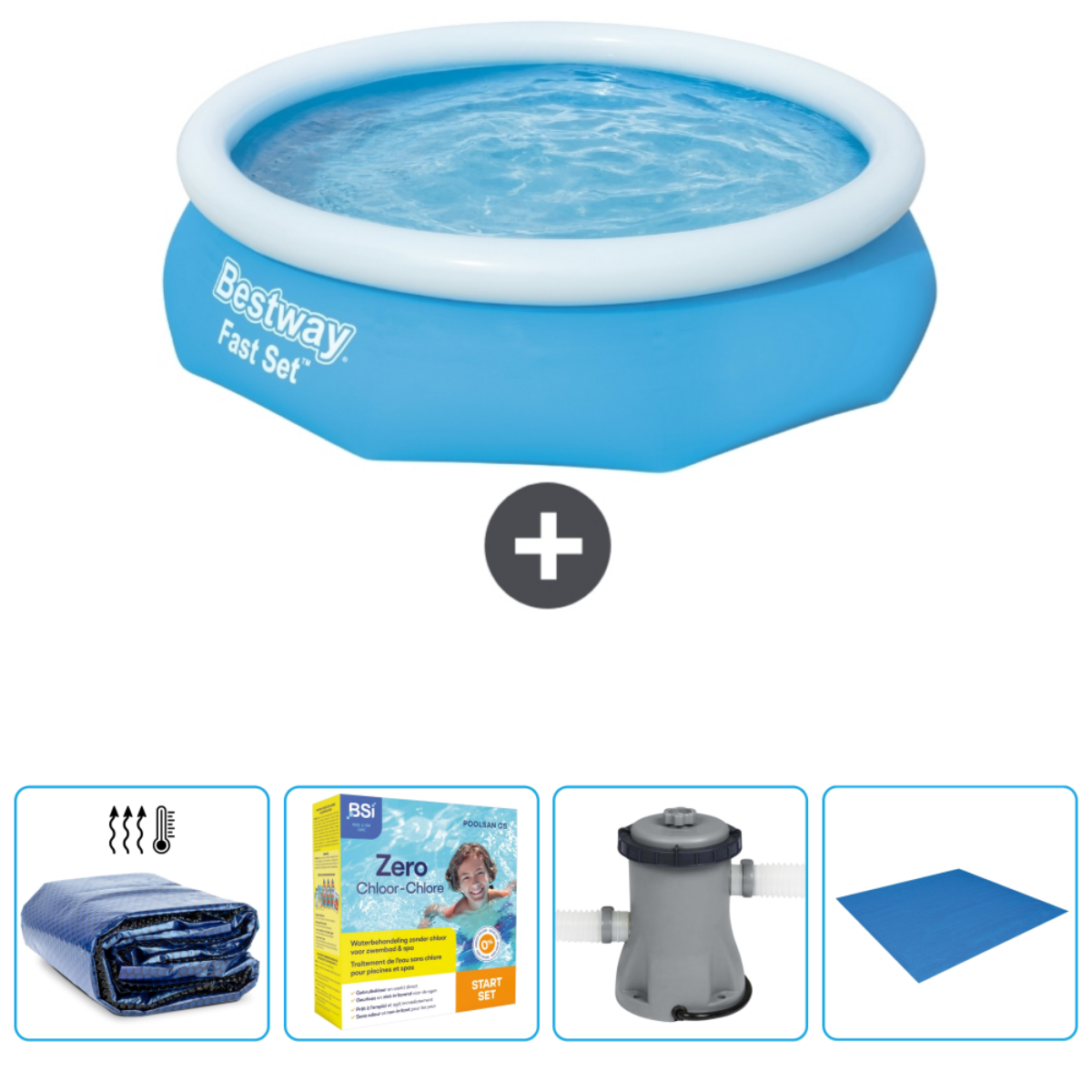 Piscine ronde bleue avec eau, accessoires. Étiquette Bestway Fast Set. Couverture et produits chimiques visibles.