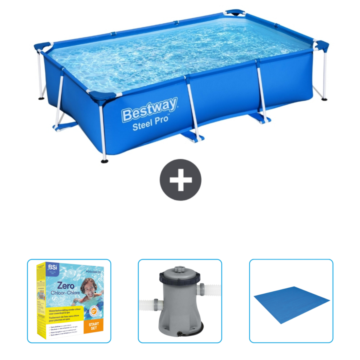 Een blauw rechthoekig bovengronds zwembad met accessoires. Het zwembad heeft water en een blauw frame.