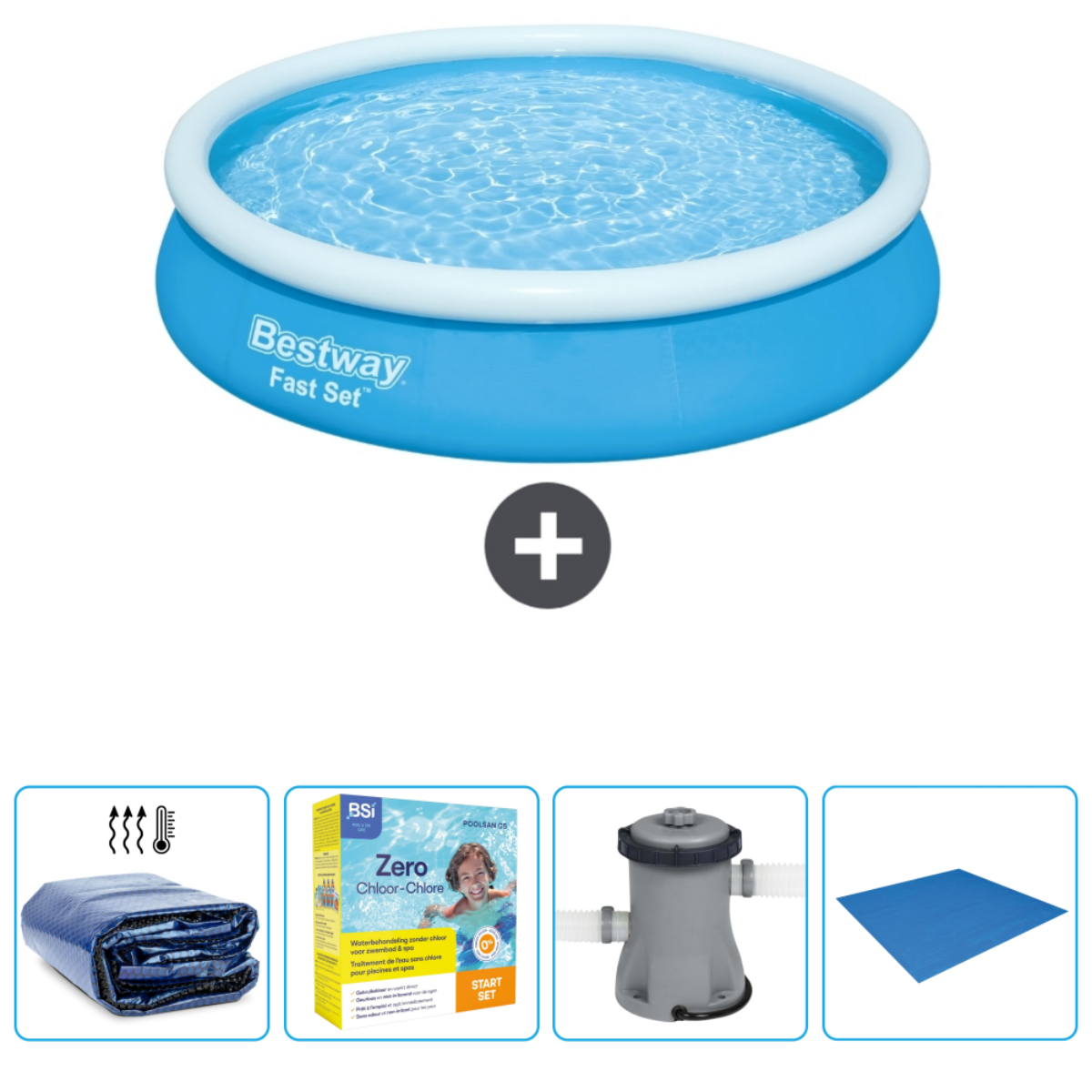 Piscine gonflable bleue et blanche avec accessoires, dont bâche, filtre et produits.
