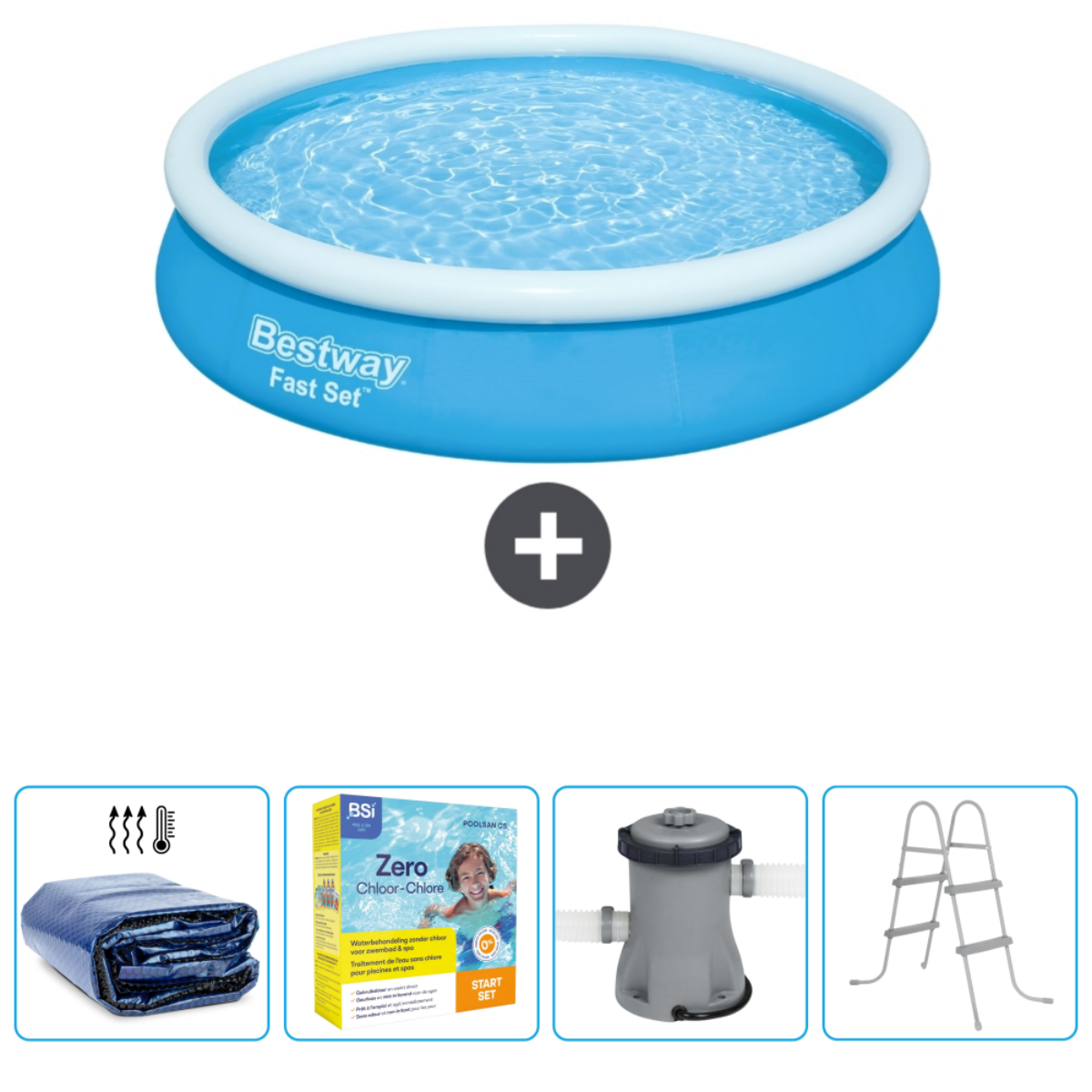 Blauw opblaasbaar zwembad met accessoires: pomp, filter, afdekzeil, chemicaliën en ladder.