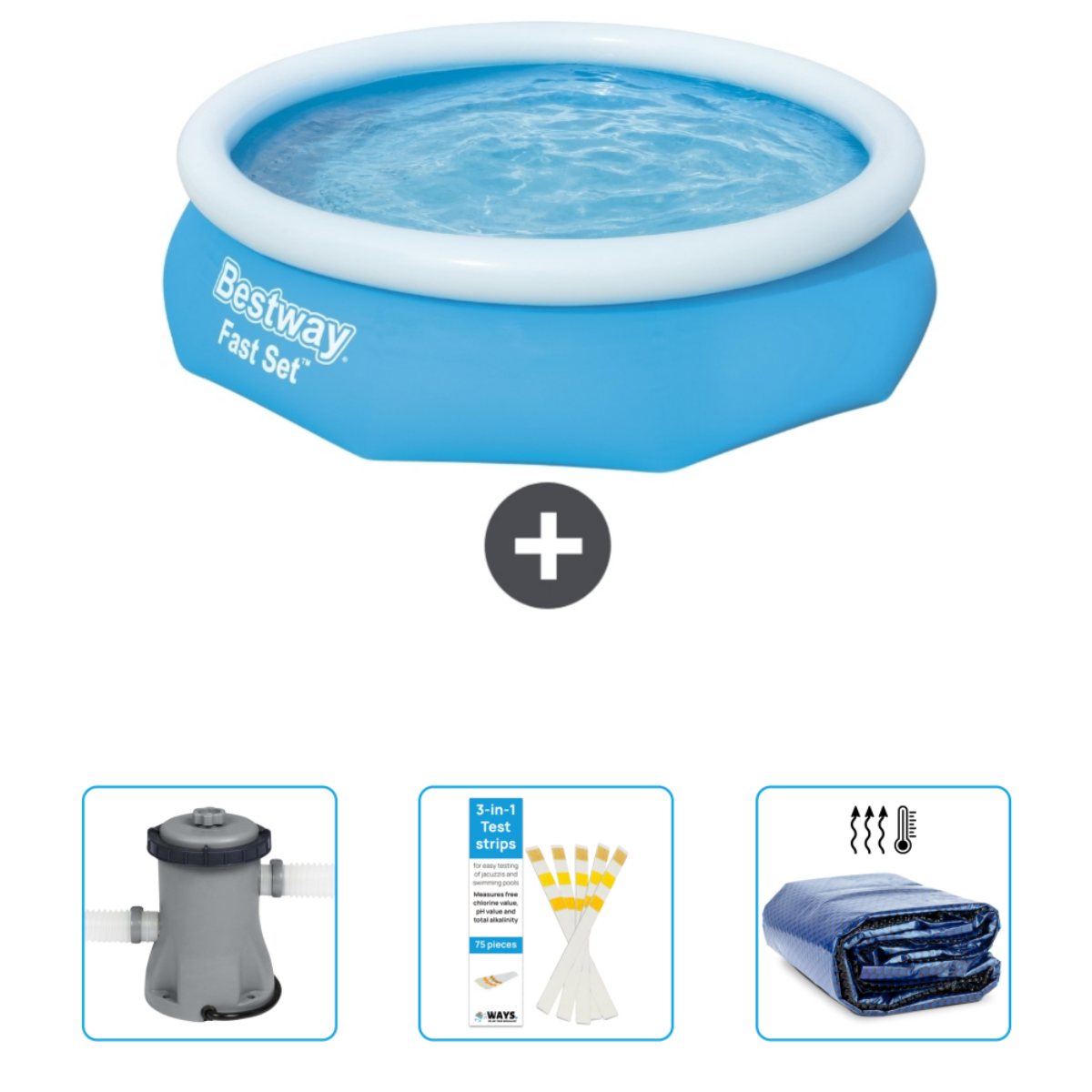 Blauw opblaasbaar zwembad met accessoires. Inclusief pomp, teststrips en een afdekking.