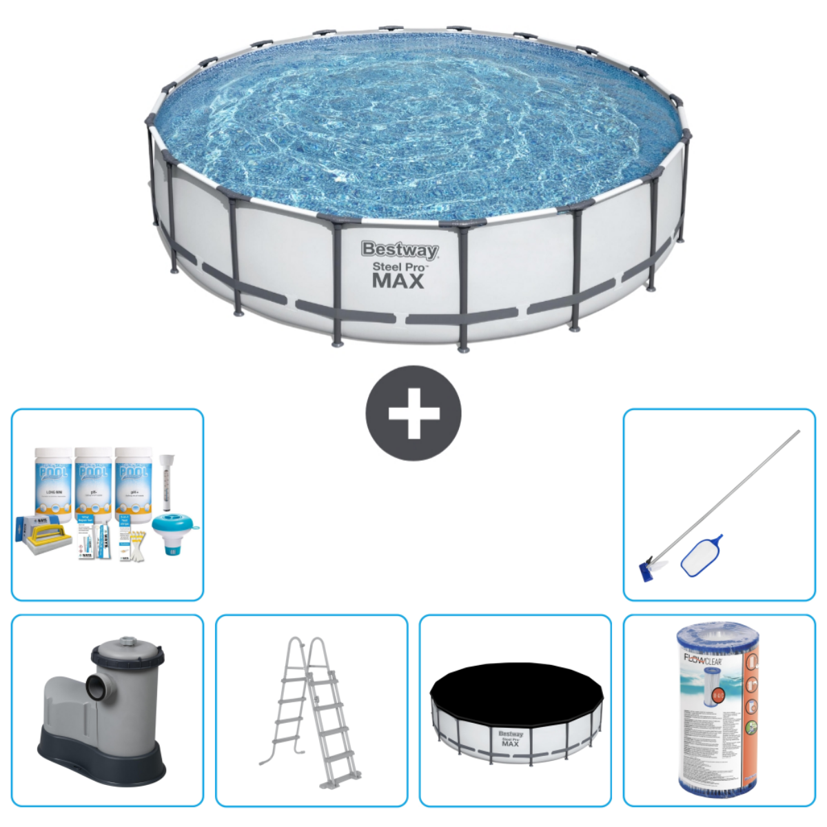 Piscine ronde avec accessoires : produits chimiques, écumoire, pompe, échelle, couverture et filtre.