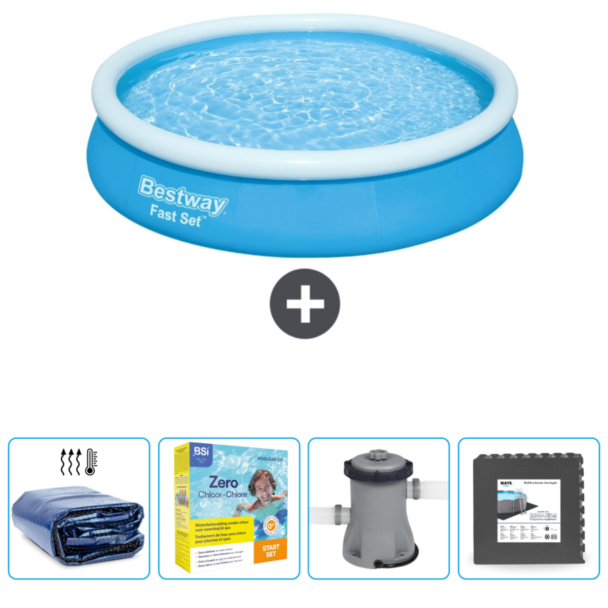 Blauw zwembad met accessoires: afdekzeil, chloor, filter en mat.