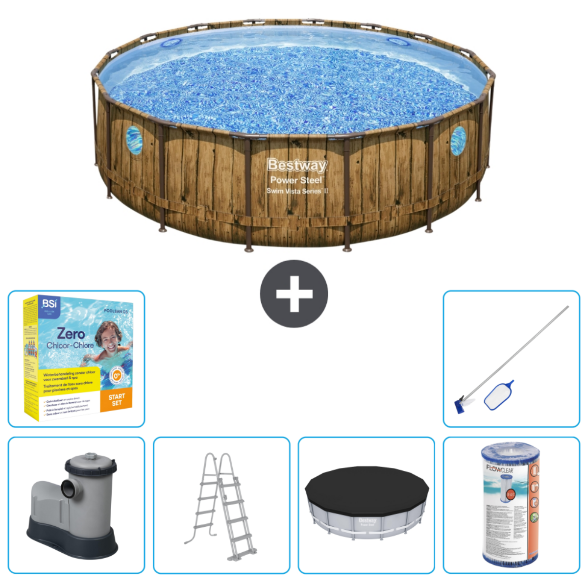 Zwembad met houttextuur, accessoires: chloor, pomp, ladder en schoonmaaktools.