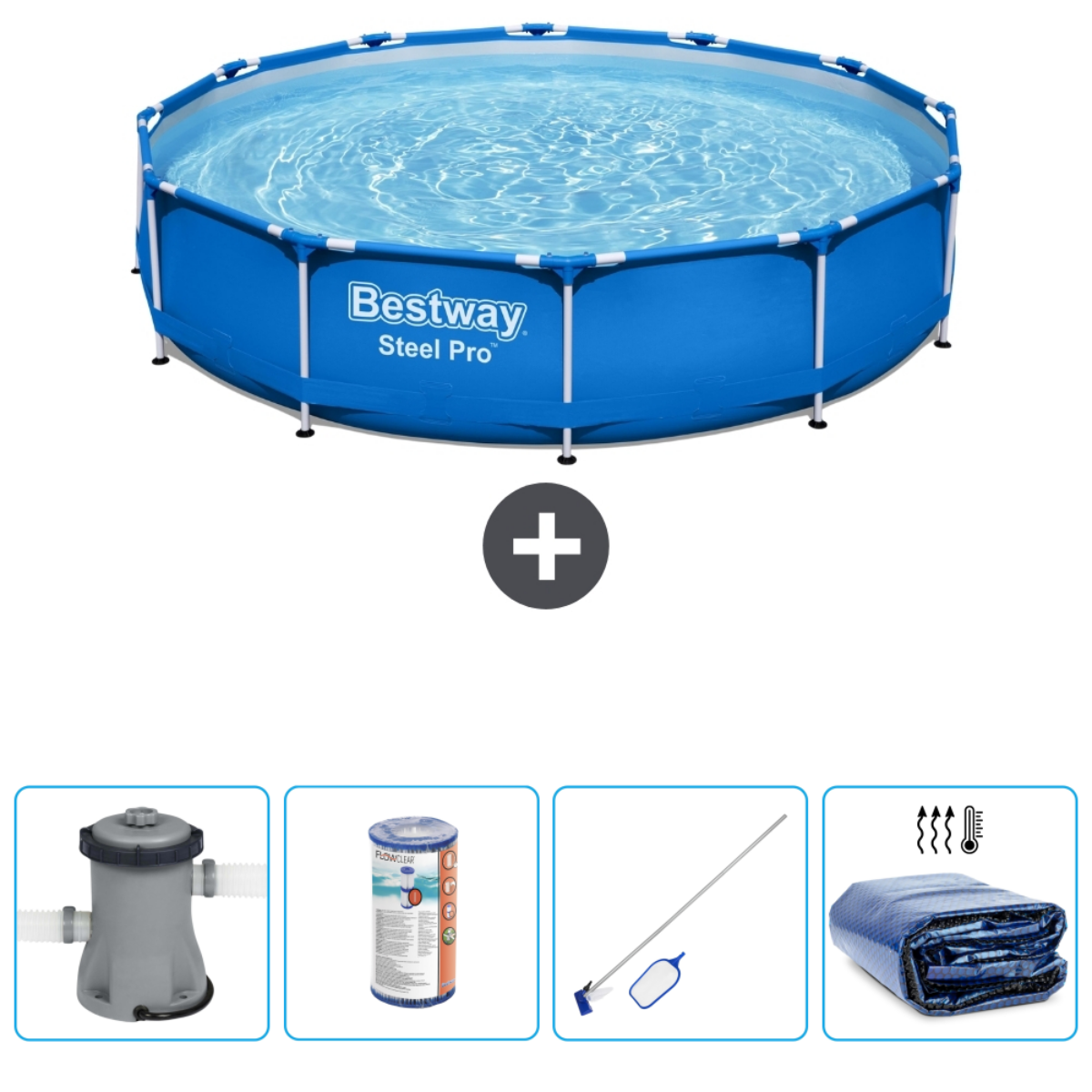 Blauw Bestway zwembad met water, accessoires: pomp, filter, afdekzeil en chemicaliën.