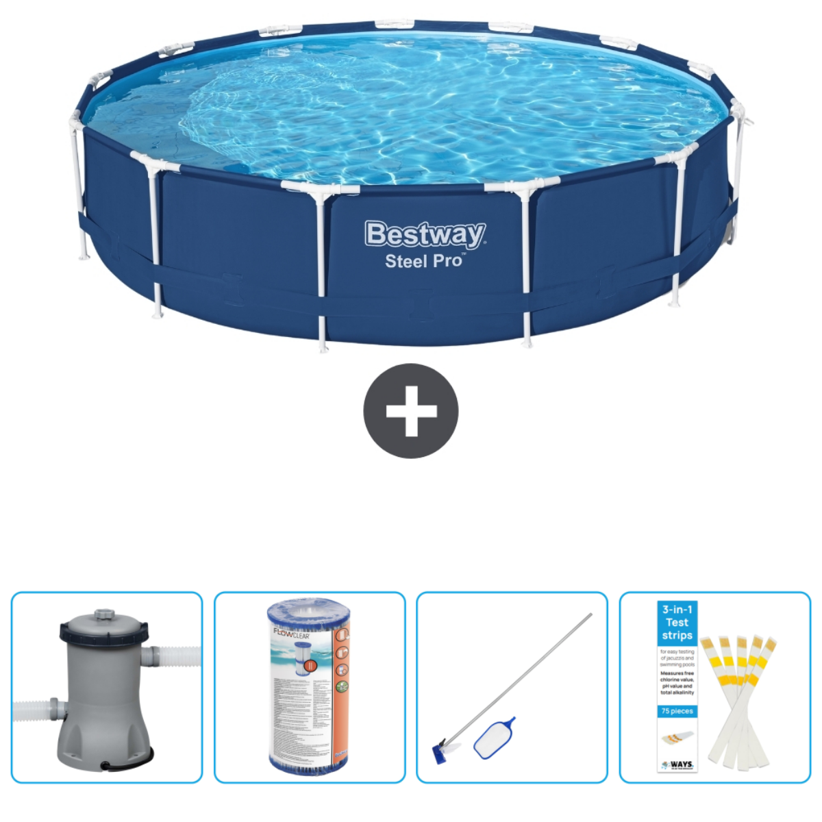 Zwembadset: Blauw zwembad met water, accessoires: filter, chemicaliën, afdekking en schoonmaakgereedschap.