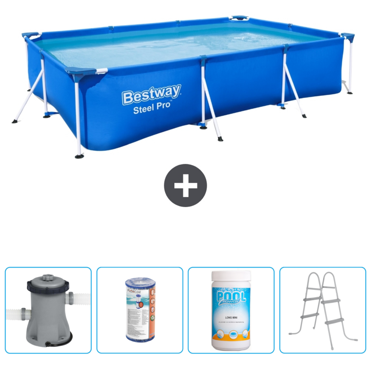 Piscine bleue Bestway Steel Pro avec accessoires. Comprend filtre, produits chimiques et échelle.