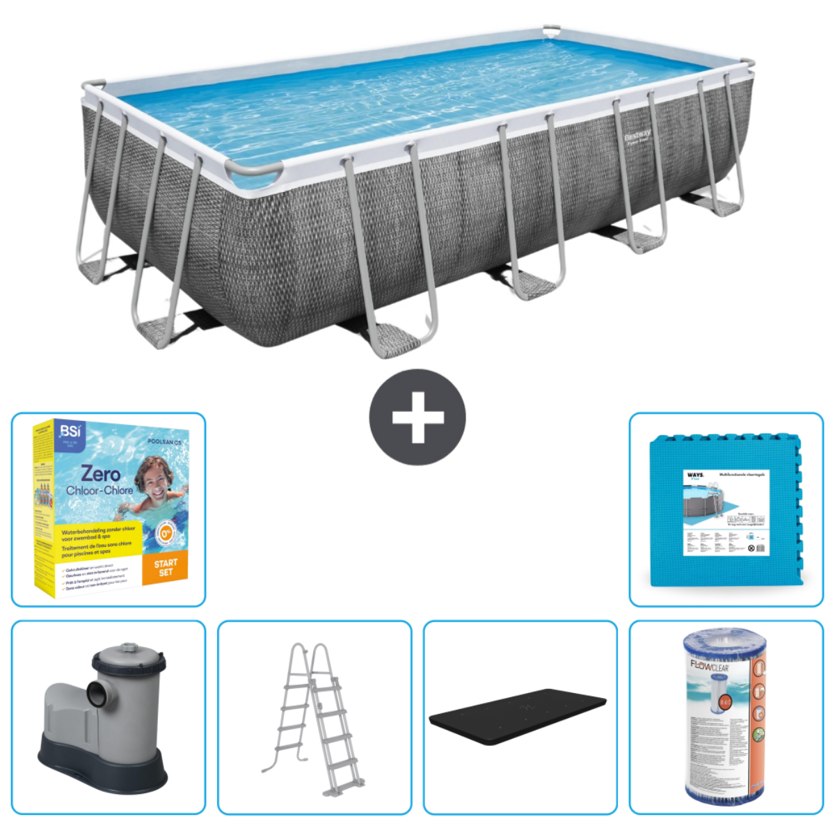 Rechthoekig zwembad met water en accessoires. Bestway label. Ladder, chemicaliën en afdekking inbegrepen.