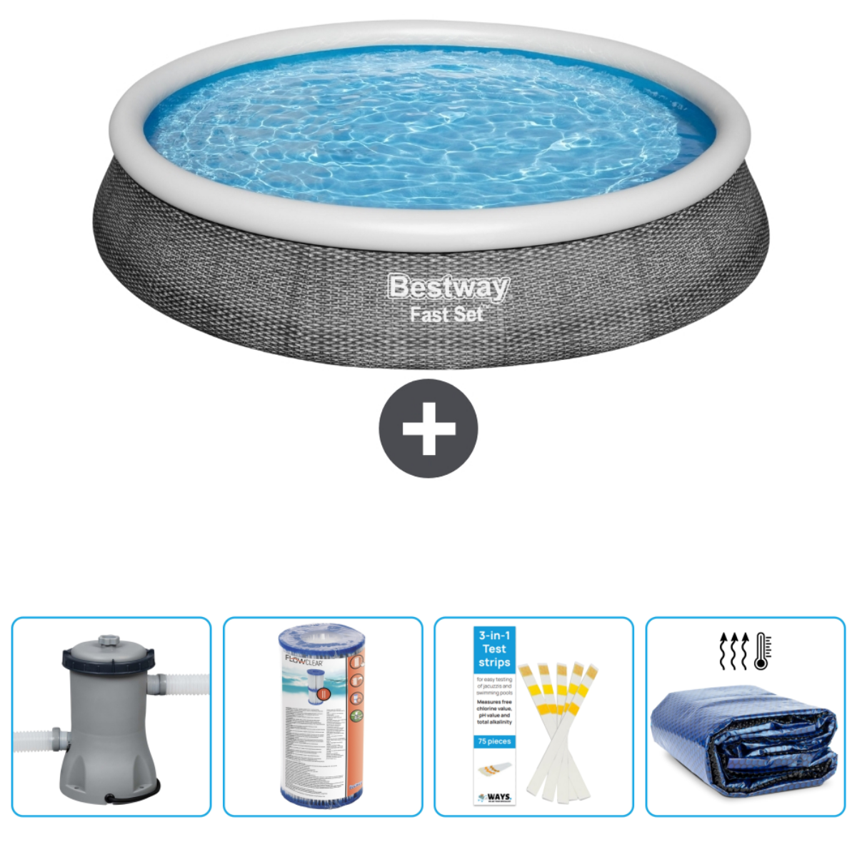 Une piscine ronde gonflable avec accessoires. La piscine a de l'eau et un motif gris et blanc.
