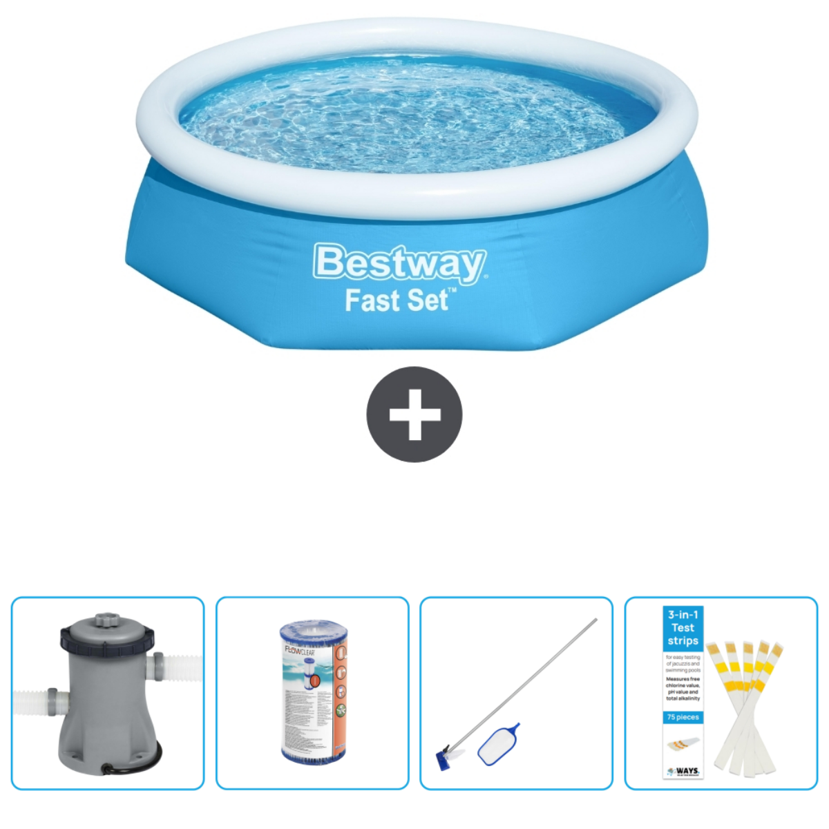 Blauw zwembad met water, pomp, filter, chemicaliën en teststrips.