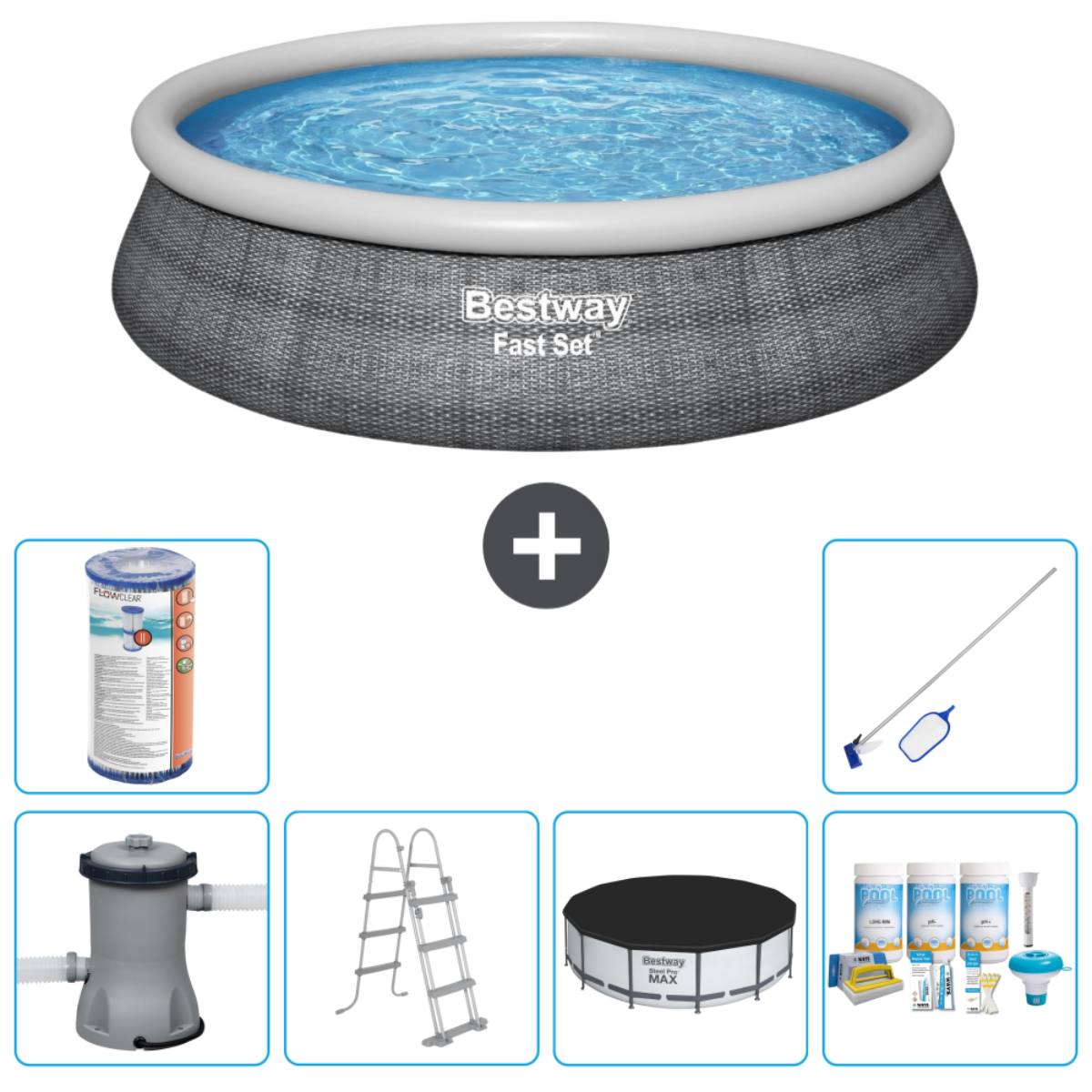 Rond zwembad met accessoires: filter, net, pomp, ladder, afdekzeil en chemicaliën. 'Bestway Fast Set'.