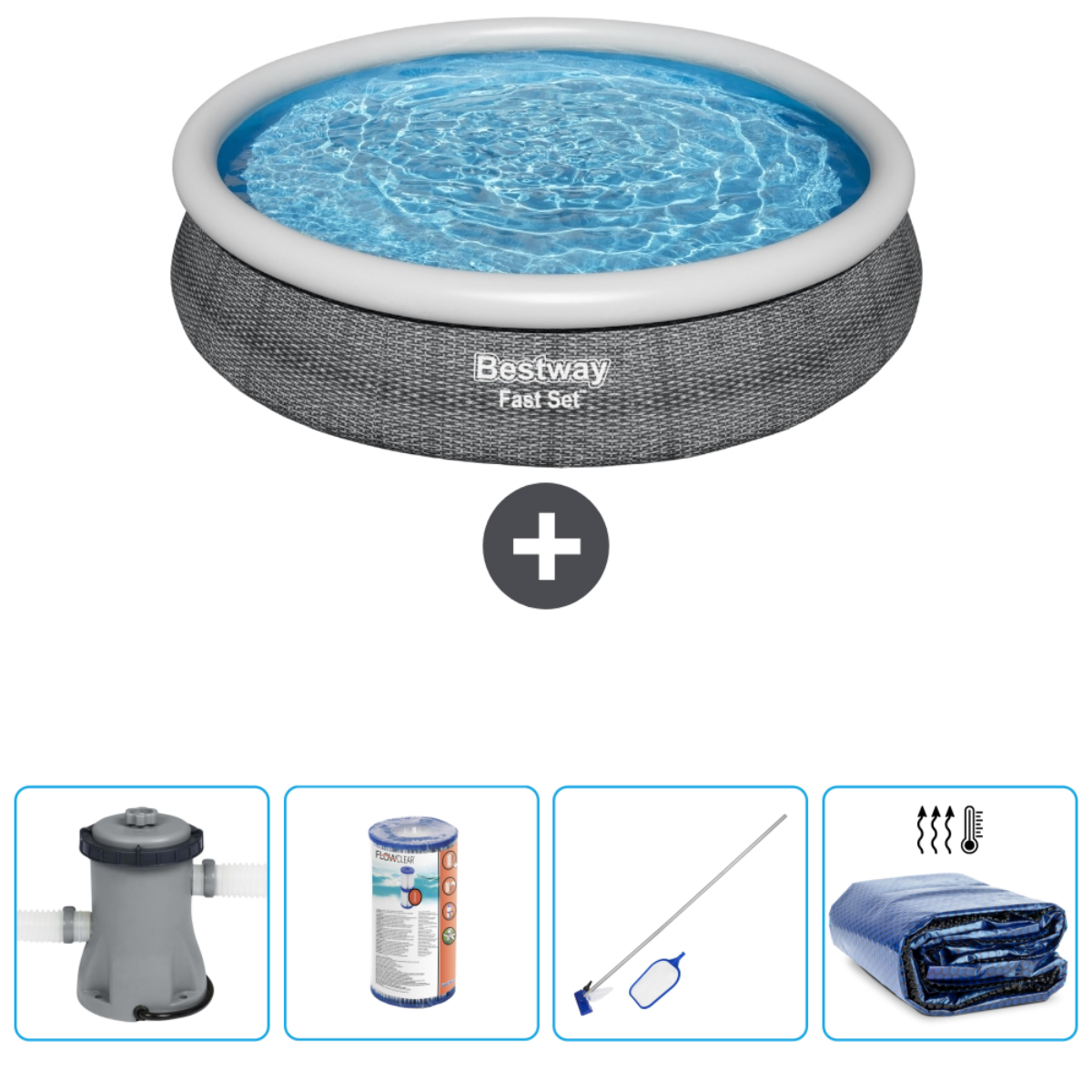 Rond zwembad met water, pomp, filter, chemicaliën, schoonmaakgereedschap en afdekking.