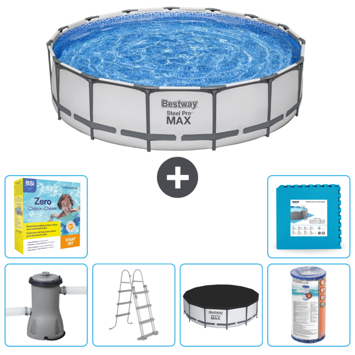 Rond Bestway Steel Pro Max zwembad met accessoires: chemie, afdekzeil, filter, ladder en mat.