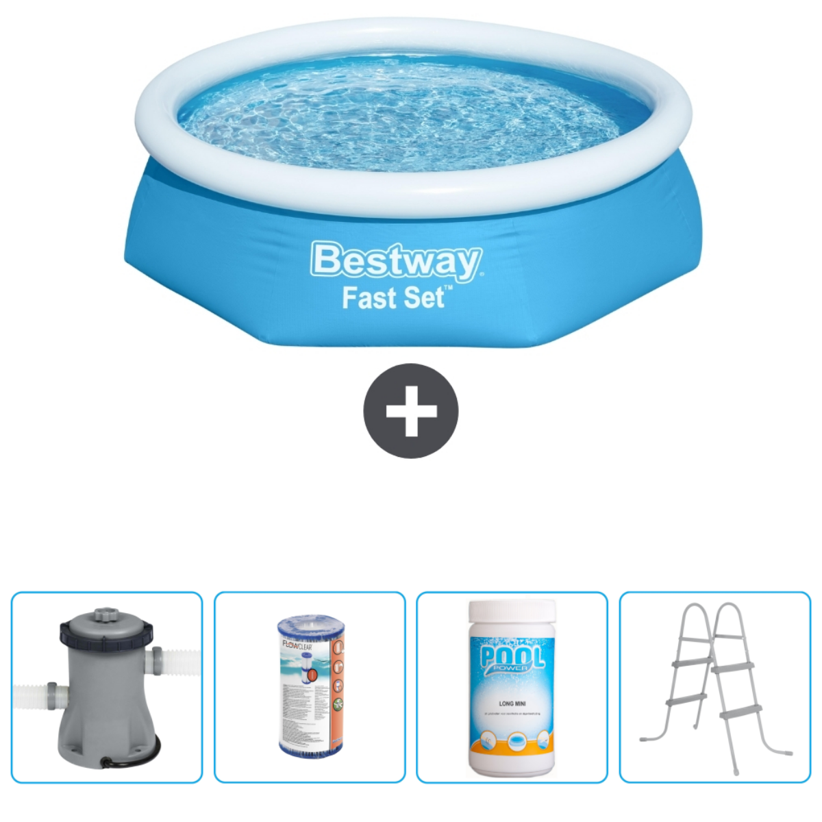 Blauw rond zwembad met accessoires: pomp, filter, chemicaliën en een ladder.