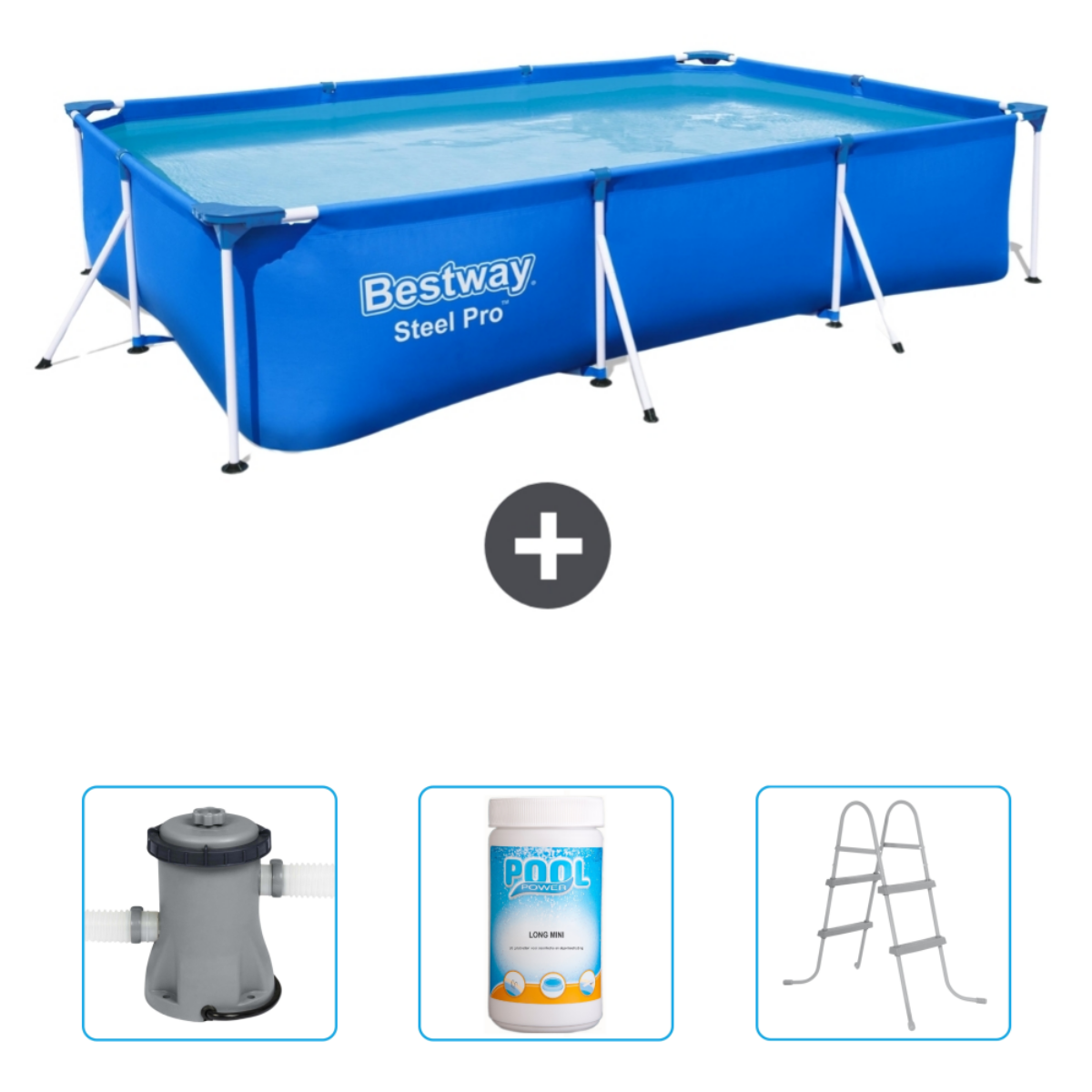 Piscine Bestway bleue rectangulaire avec accessoires : filtre, chlore et échelle.