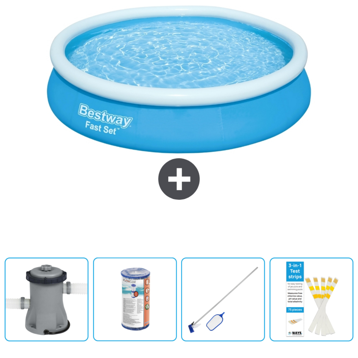 Blauw opblaasbaar zwembad met accessoires: pomp, filter, schoonmaakgereedschap en teststrips.