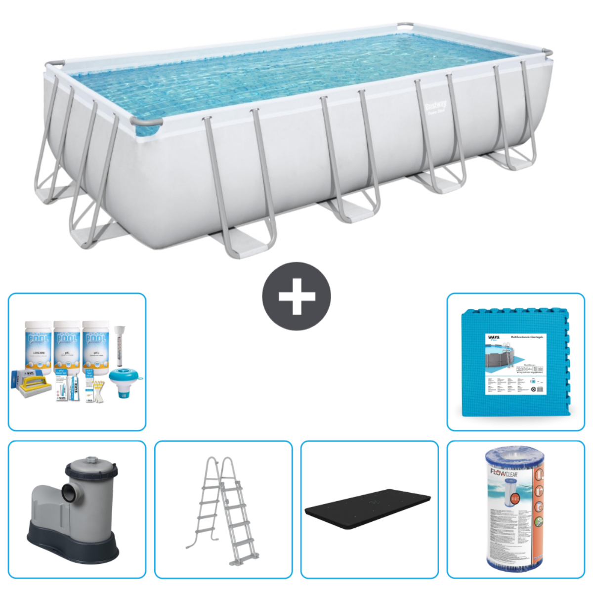 Piscine rectangulaire avec eau, échelle, pompe et accessoires. Étiquette Bestway visible.