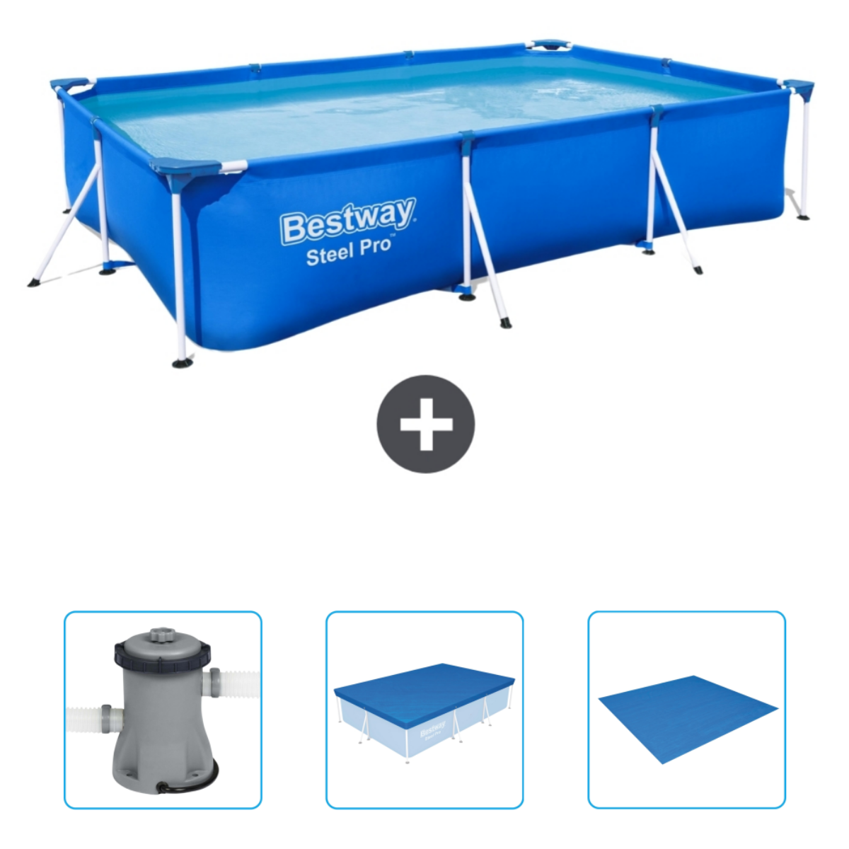 Piscine rectangulaire bleue. Comprend un système de filtration, une couverture et une bâche de sol.