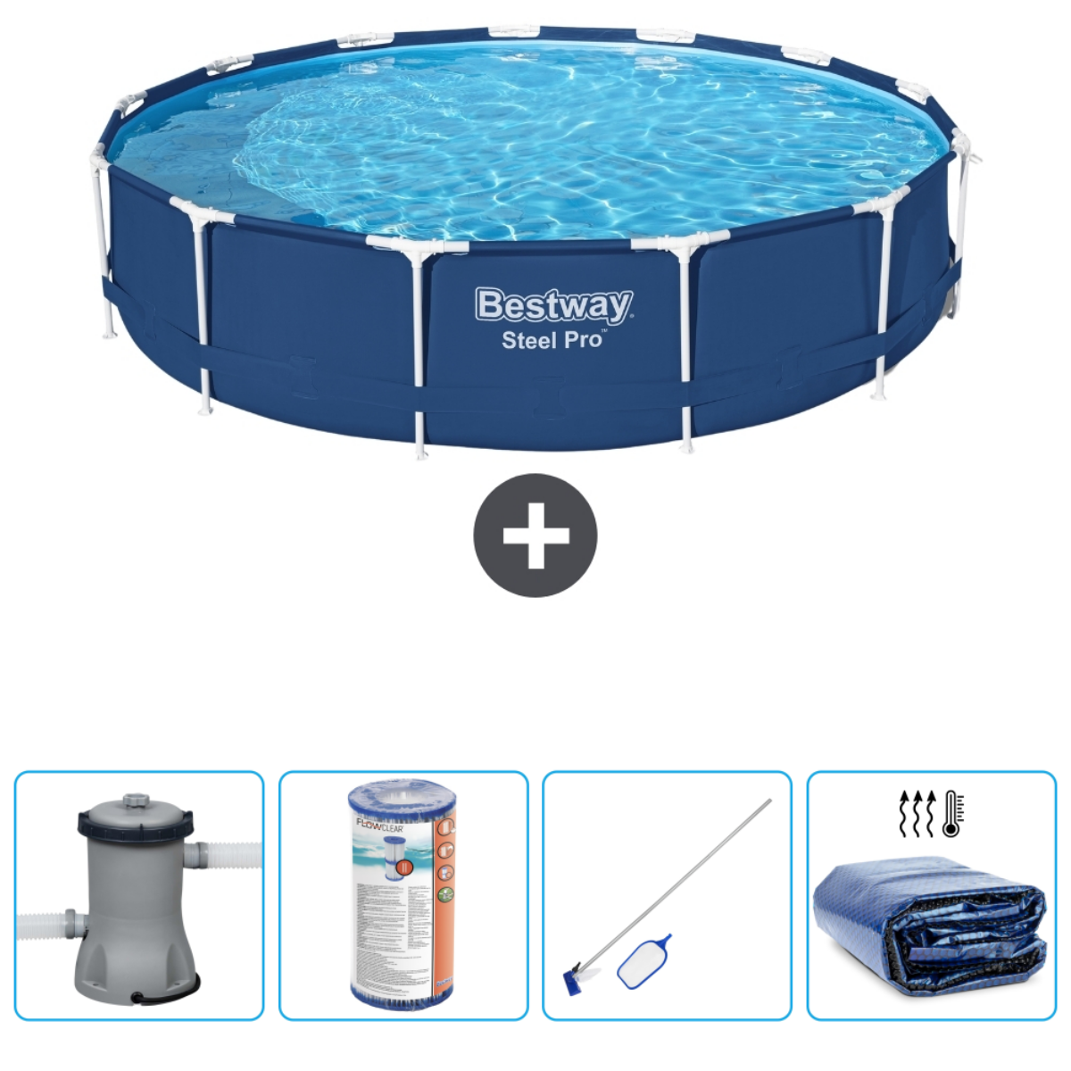 Blauw, achthoekig zwembad met accessoires: pomp, filter, schoonmaaktools en afdekking.
