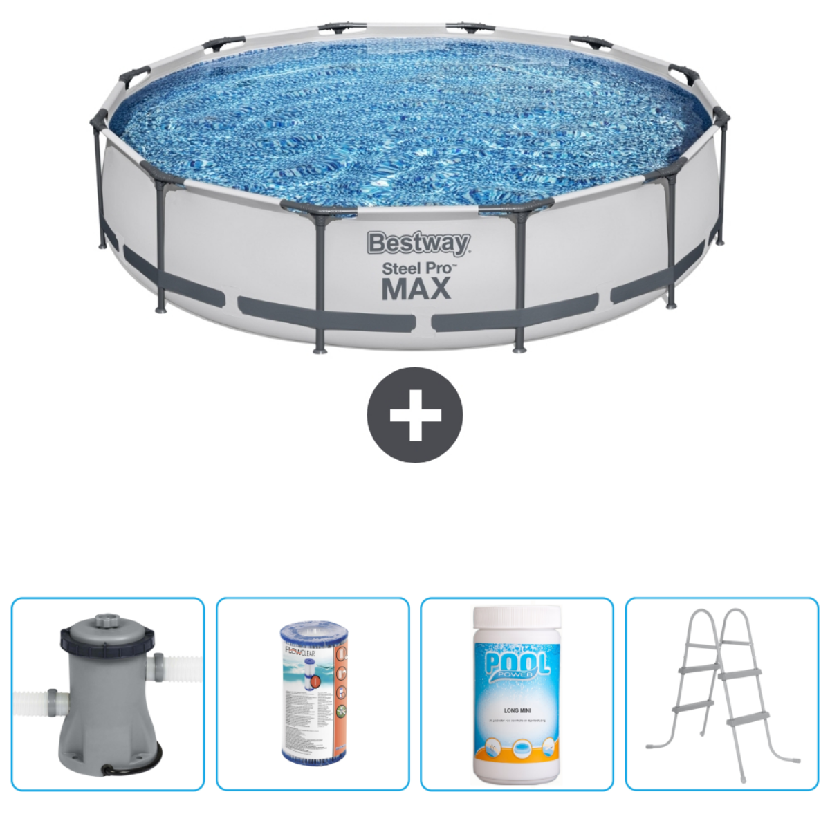 Piscine ronde avec eau, plus pompe, filtre, produits chimiques et échelle.