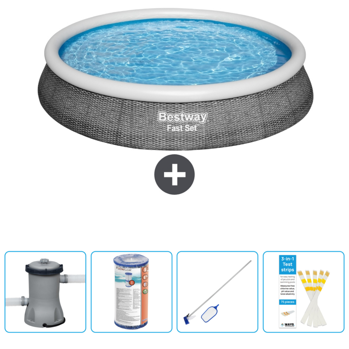 Une piscine ronde gonflable avec accessoires. La piscine a de l'eau et un motif gris et blanc.