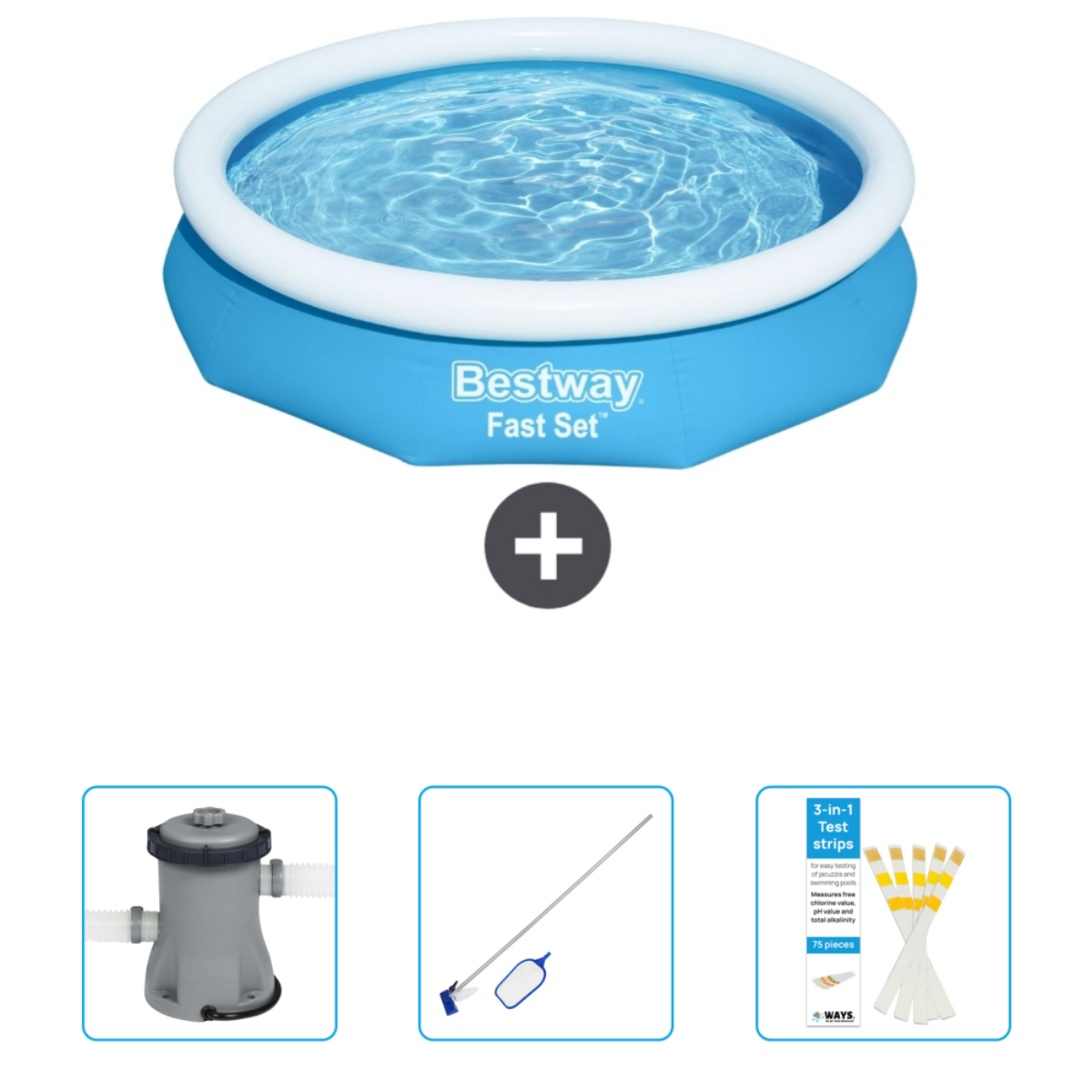 Blauw, rond Bestway zwembad met accessoires: filter, schepnet en teststrips.