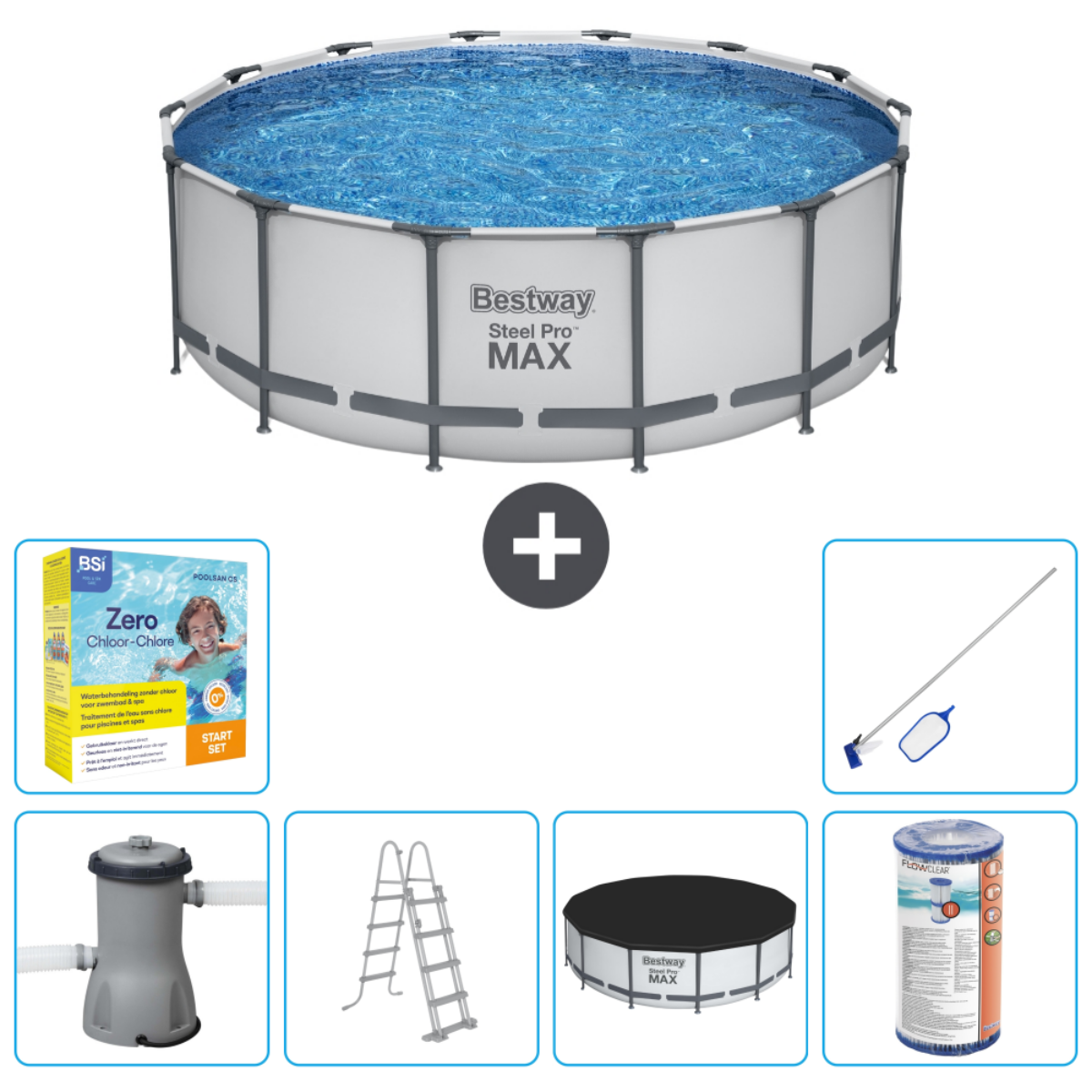 Rond Bestway zwembad met water, accessoires: chemicaliën, pomp, ladder, net en filter.