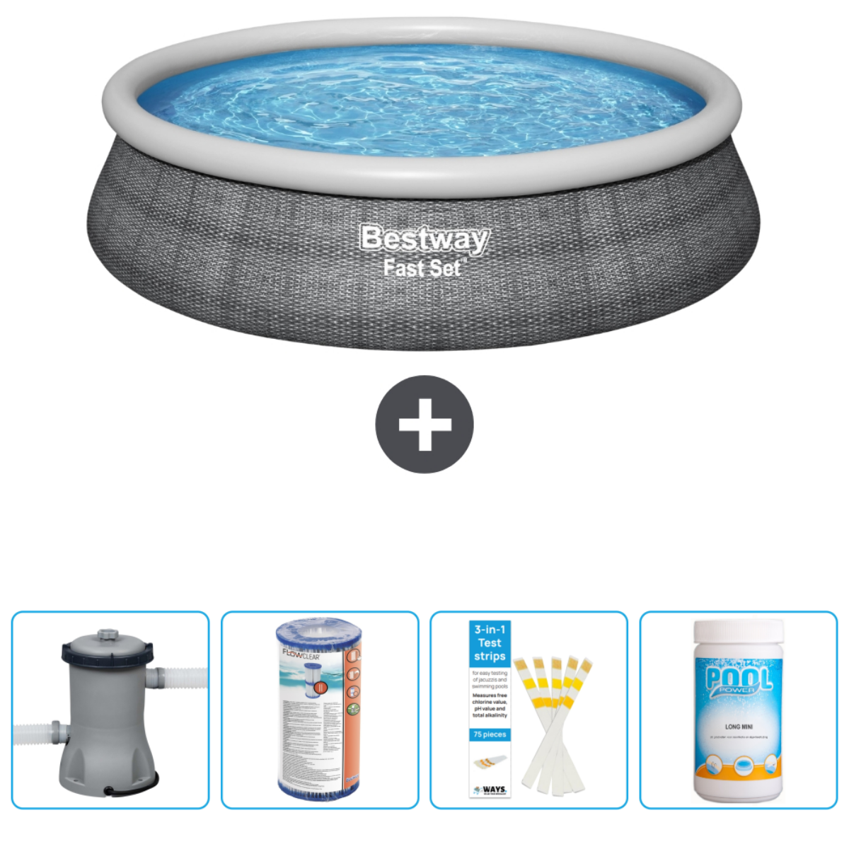 Piscine ronde avec eau, pompe, filtre, produits chimiques et bandelettes de test.
